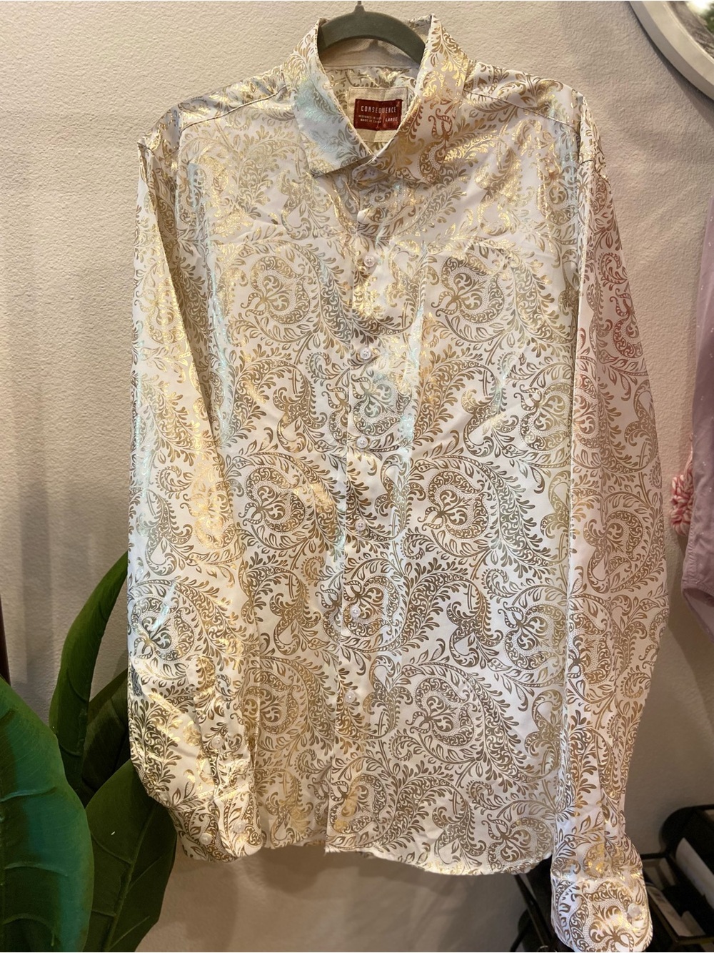 Men's Consequence White Button-Down Dress Shirt with Gold Foil Paisley Print